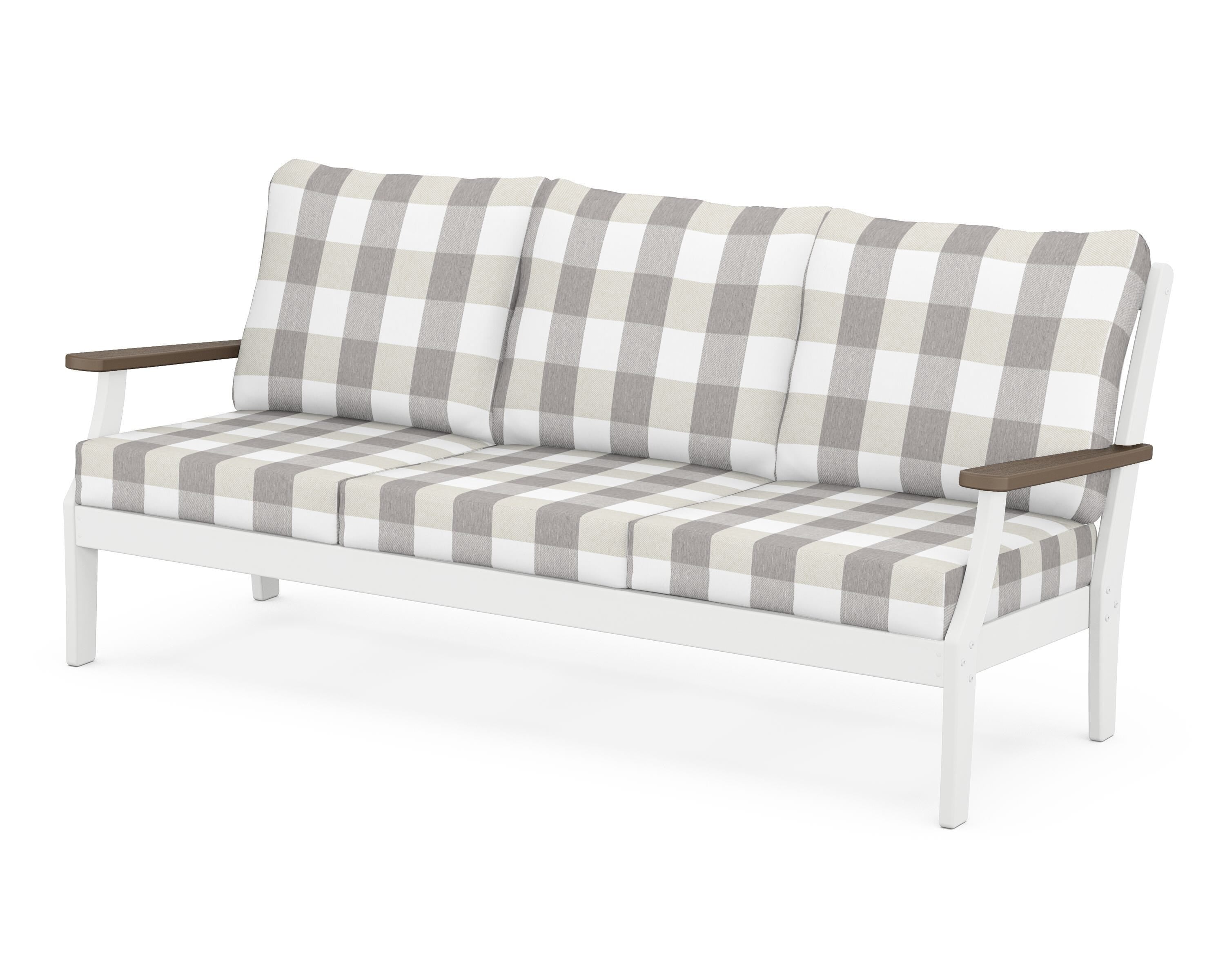 POLYWOOD® Braxton Deep Seating Sofa in White / Kona / Buffalo Plaid Grey Mist