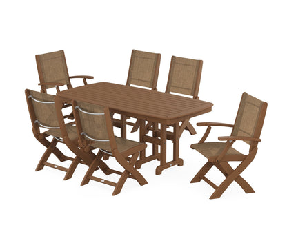 POLYWOOD® Coastal Folding Chair 7-Piece Dining Set in Teak / Burlap Sling