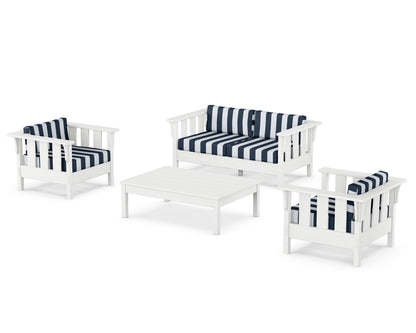 Martha Stewart by POLYWOOD® Acadia 4-Piece Deep Seating Set with Loveseat in White / Cabana Stripe Marine Indigo