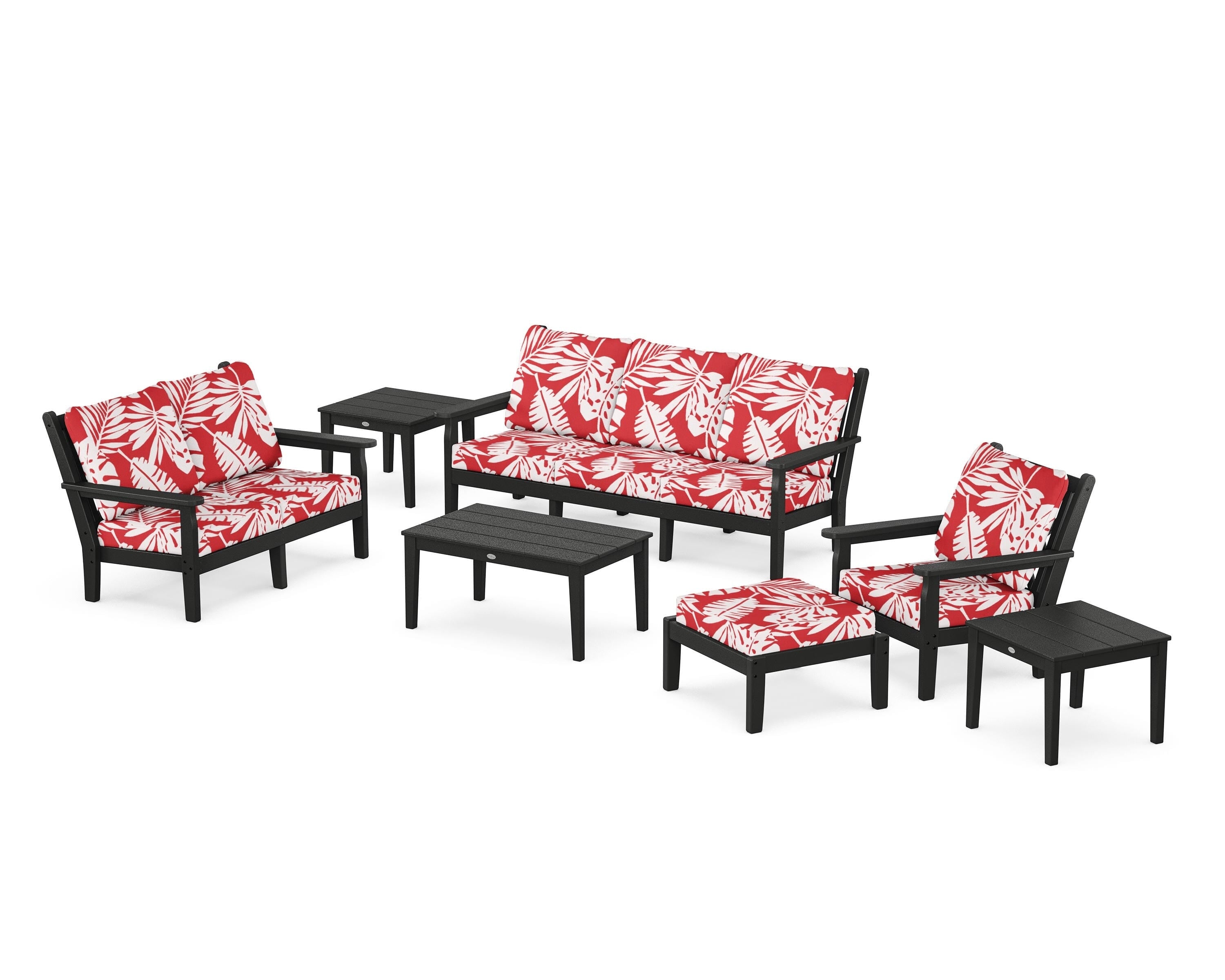 POLYWOOD® Chippendale 7-Piece Deep Seating Set in Black / Leaf Crimson