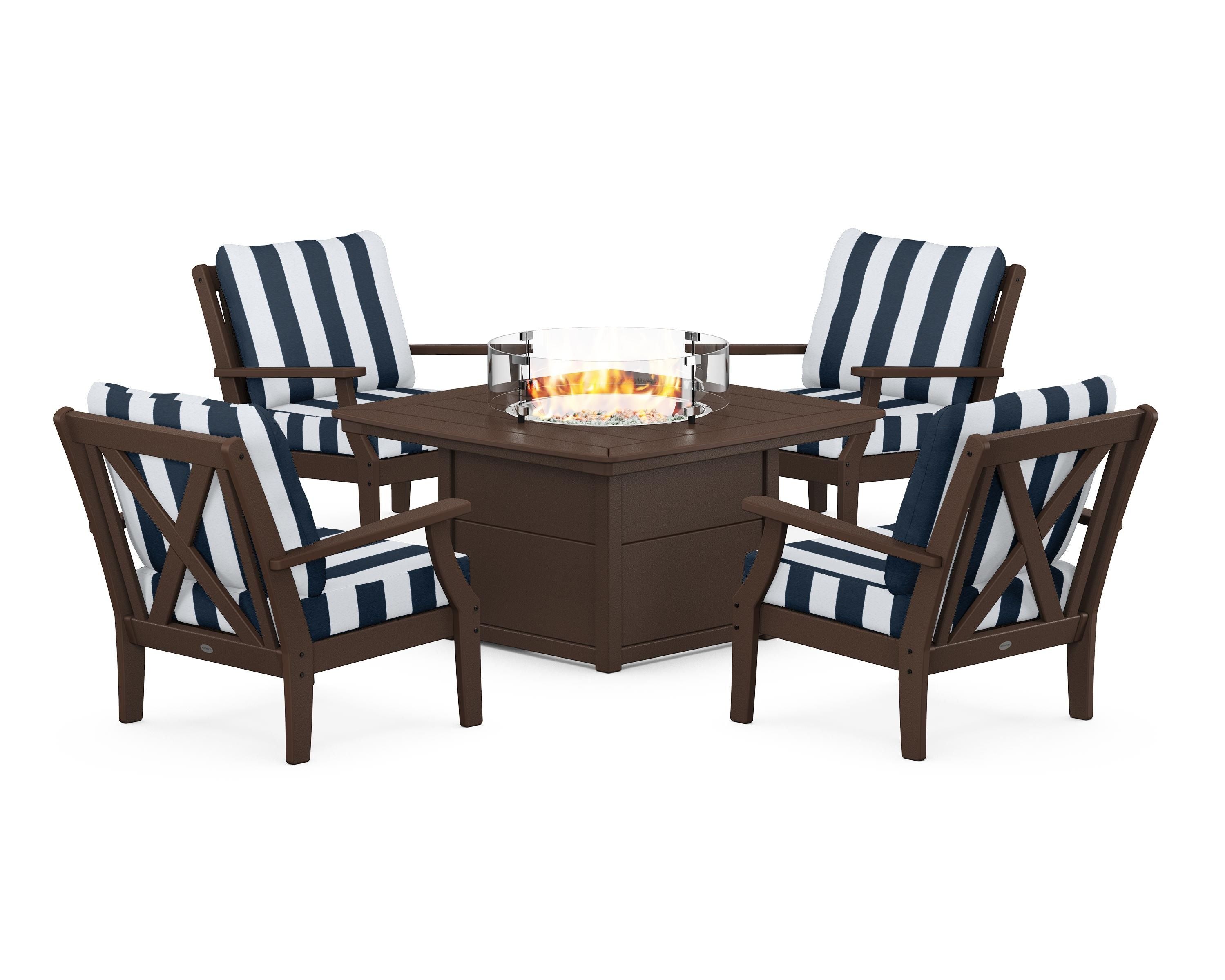 POLYWOOD® Braxton 5-Piece Deep Seating Conversation Set with Fire Pit Table in Mahogany / Cabana Stripe Marine Indigo