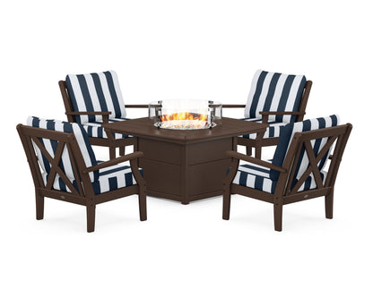 POLYWOOD® Braxton 5-Piece Deep Seating Conversation Set with Fire Pit Table in Mahogany / Cabana Stripe Marine Indigo