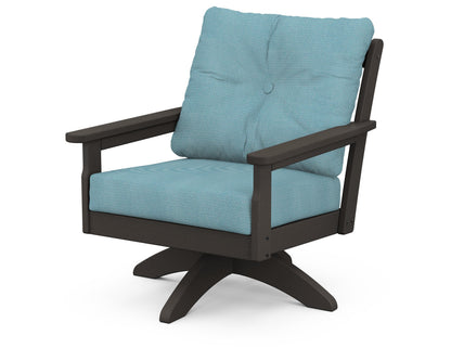 POLYWOOD® Vineyard Deep Seating Swivel Chair in Vintage Coffee / Lattice Sky Blue