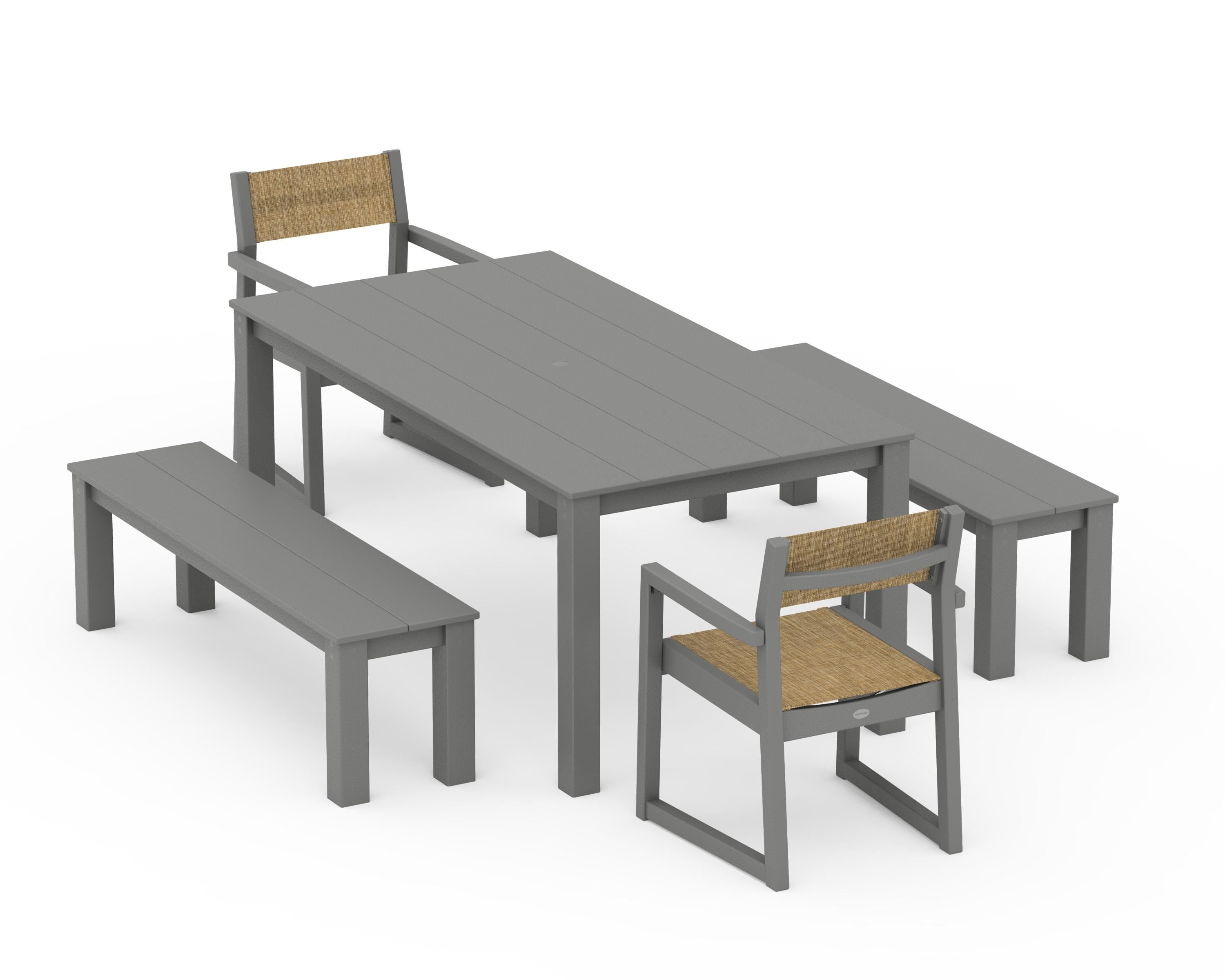POLYWOOD® EDGE Sling Arm Chair 5-Piece Parsons Dining Set with Benches in Slate Grey / Burlap Sling
