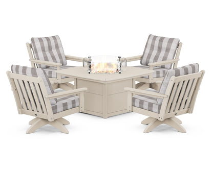 POLYWOOD® Vineyard 5-Piece Deep Seating Swivel Conversation Set with Fire Pit Table in Sand / Buffalo Plaid Grey Mist
