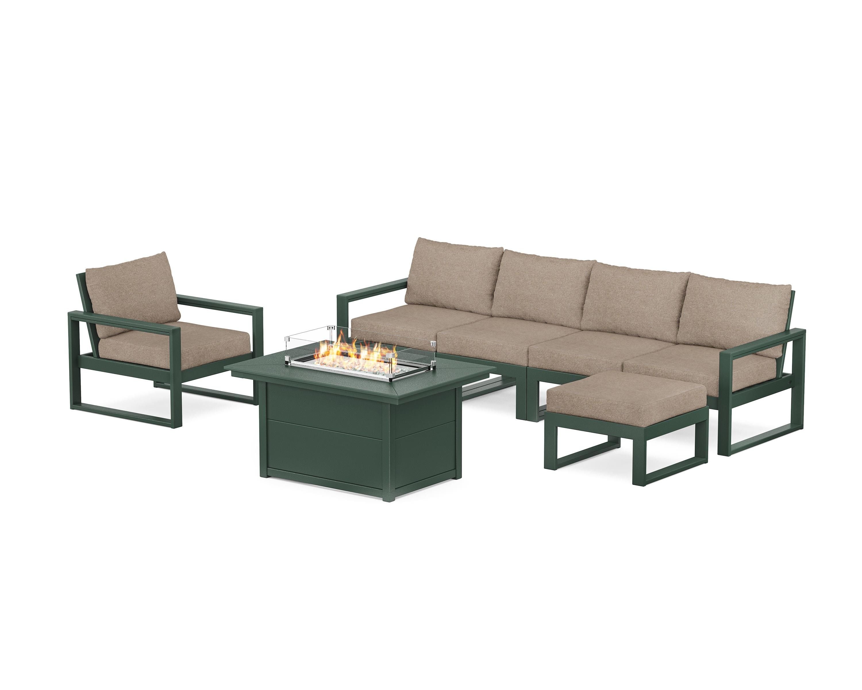 POLYWOOD® EDGE Sectional Lounge and Fire Pit Set in Green / Spiced Burlap