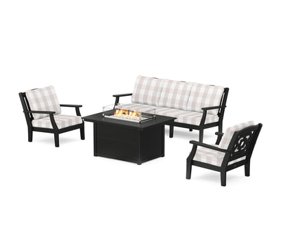 Martha Stewart by POLYWOOD® Chinoiserie Deep Seating Fire Pit Table Set in Black / Buffalo Plaid Dune Burlap