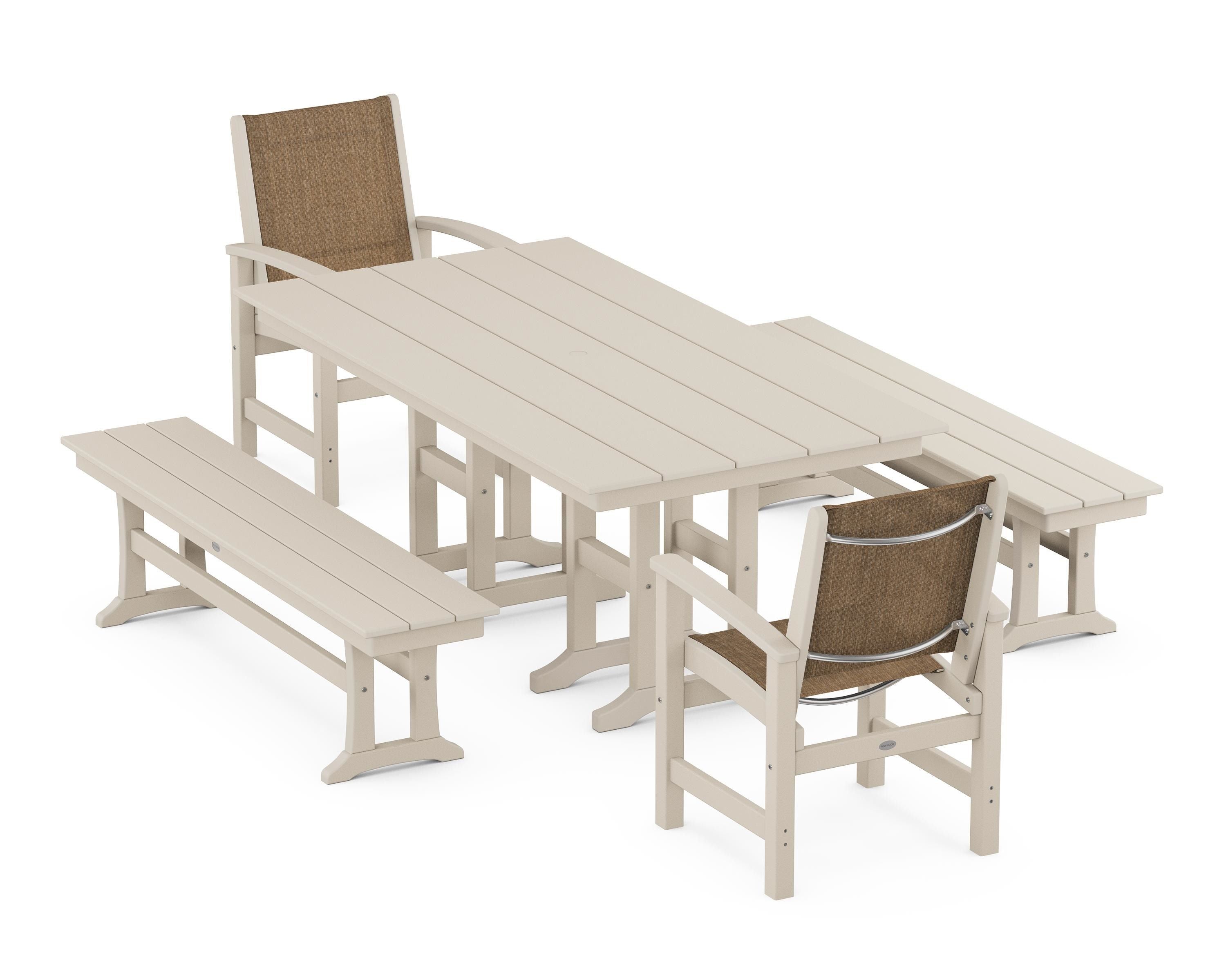 POLYWOOD® Coastal 5-Piece Farmhouse Dining Set in Sand / Burlap Sling