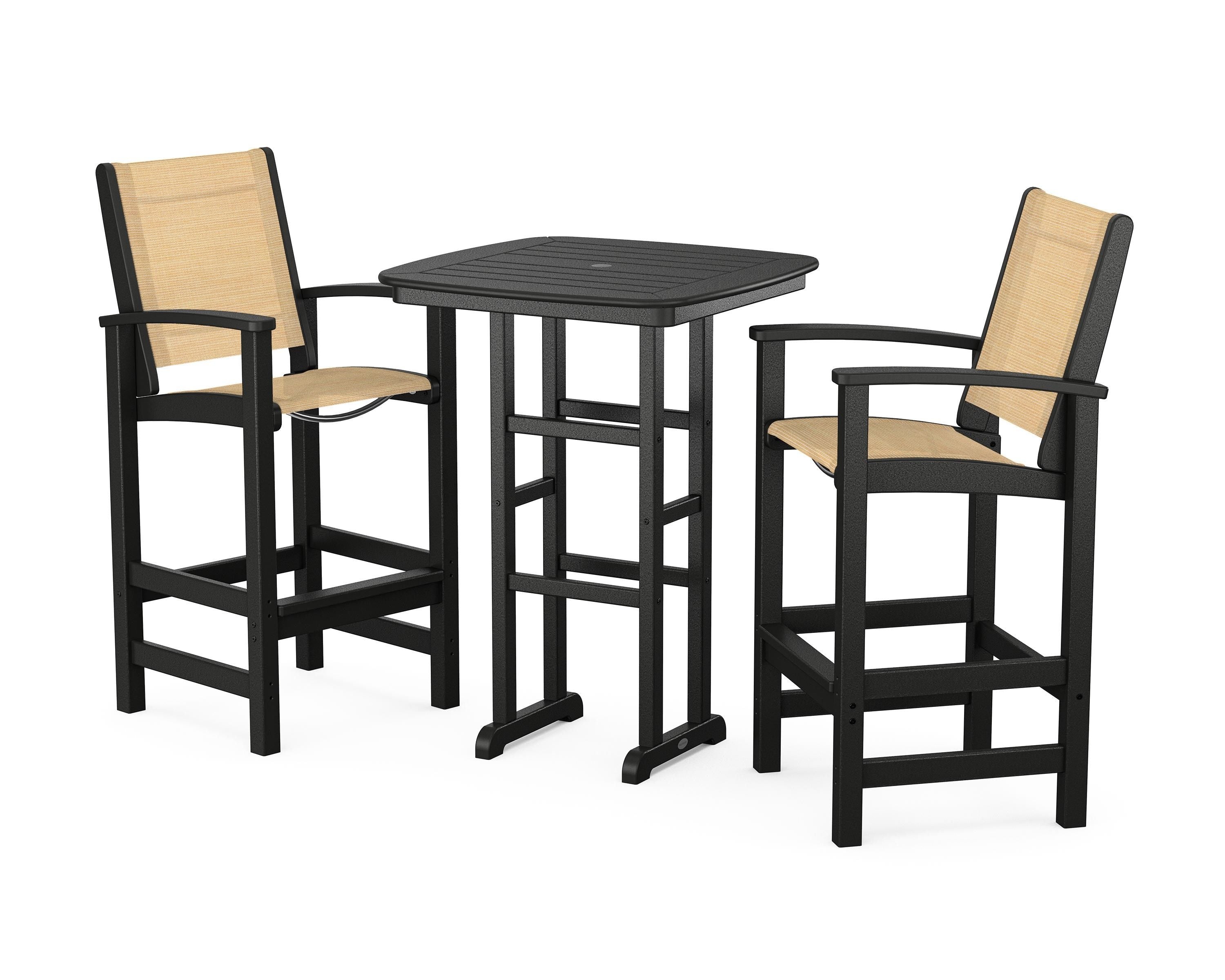 POLYWOOD® Coastal 3-Piece Bar Set in Black / Dupioni Apricot Sling