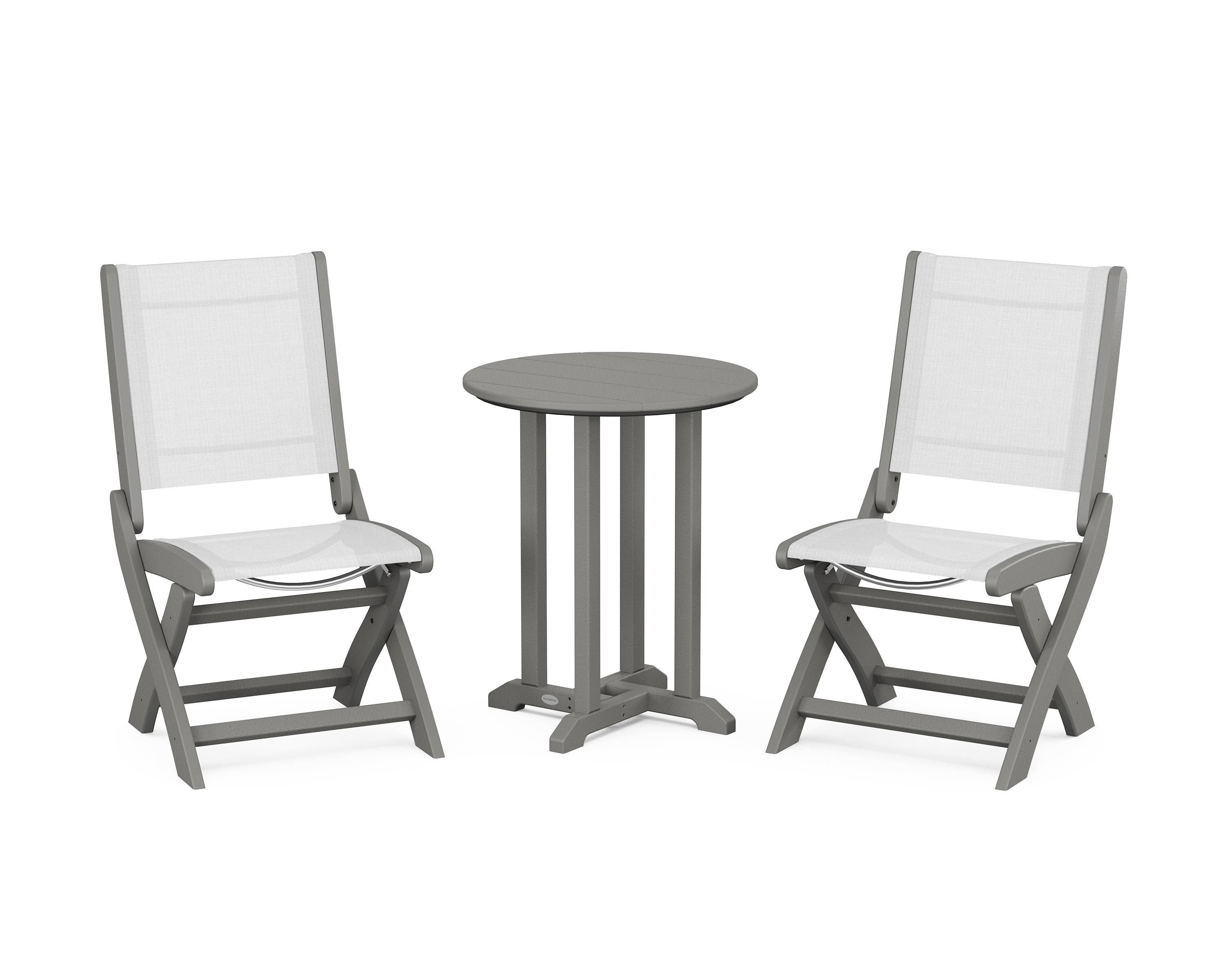 POLYWOOD® Coastal Folding Side Chair 3-Piece Round Bistro Dining Set in Slate Grey / White Sling