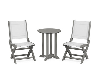 POLYWOOD® Coastal Folding Side Chair 3-Piece Round Bistro Dining Set in Slate Grey / White Sling