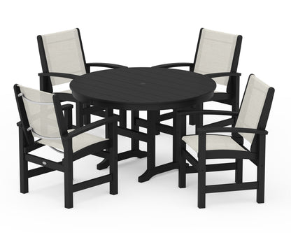 POLYWOOD® Coastal 5-Piece Round Farmhouse Dining Set in Black / Parchment Sling