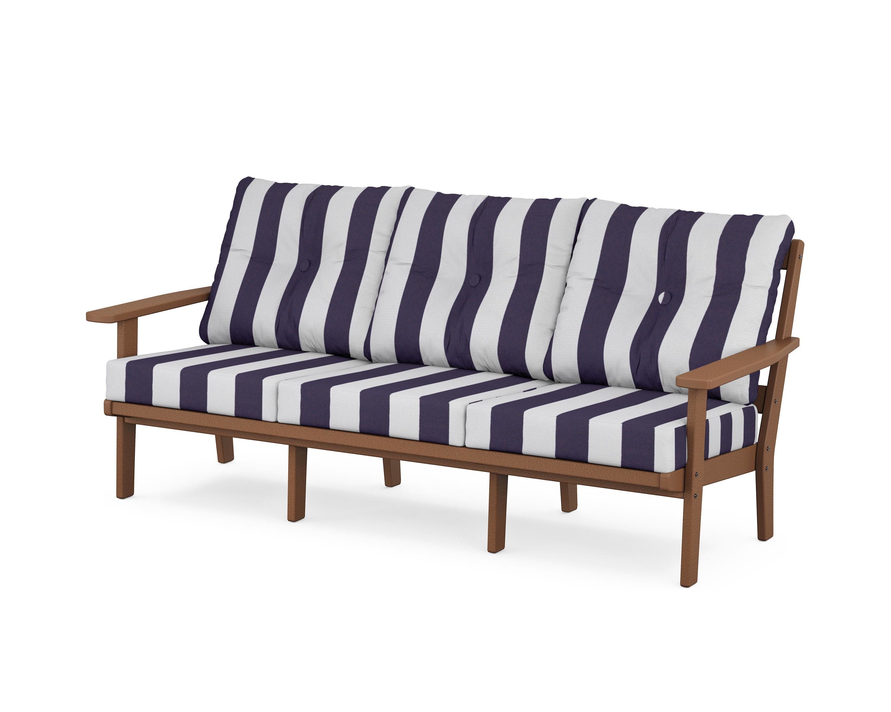 POLYWOOD® Prairie Deep Seating Sofa in Teak / Cabana Stripe Navy
