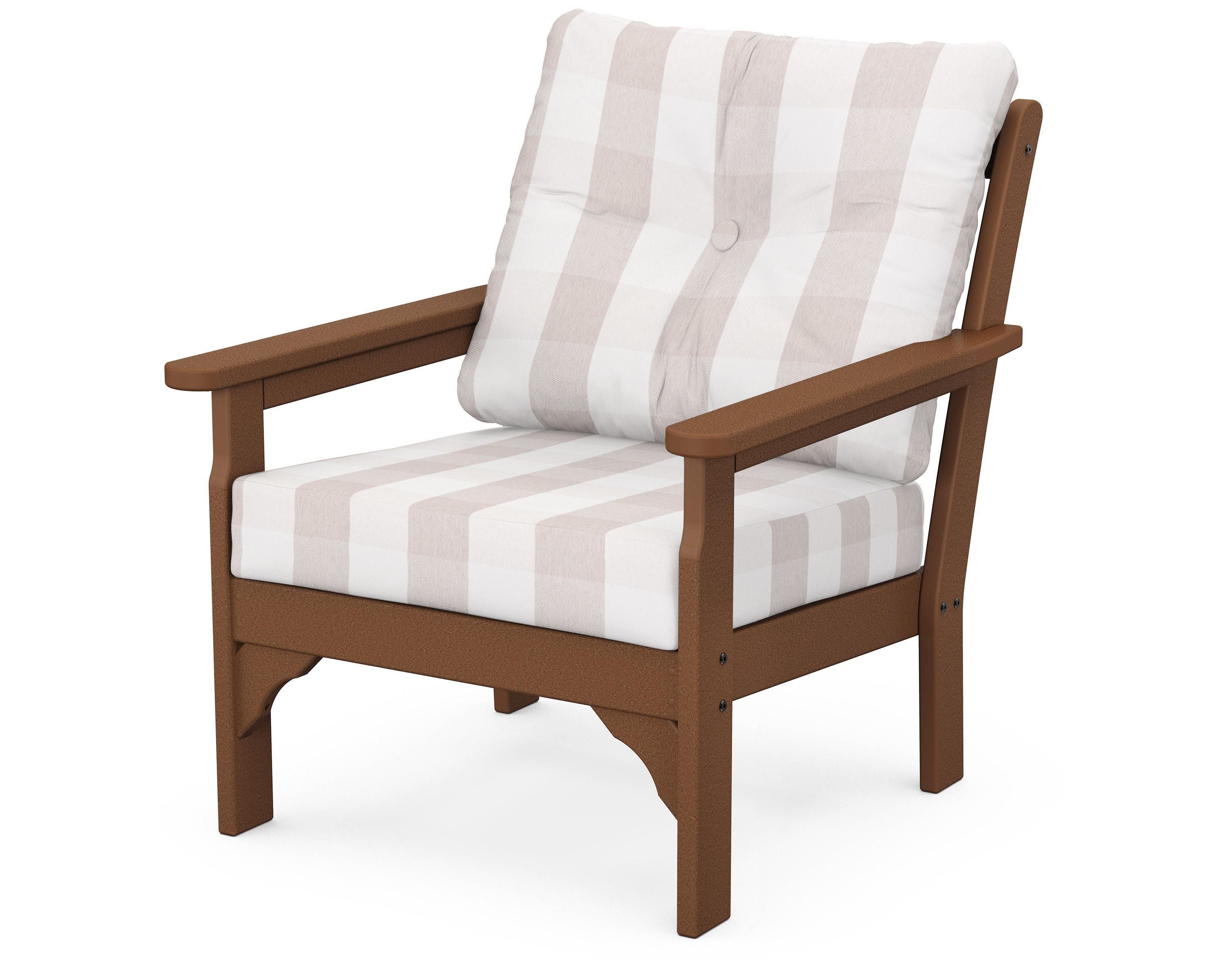 POLYWOOD® Vineyard Deep Seating Chair in Teak / Buffalo Plaid Dune Burlap