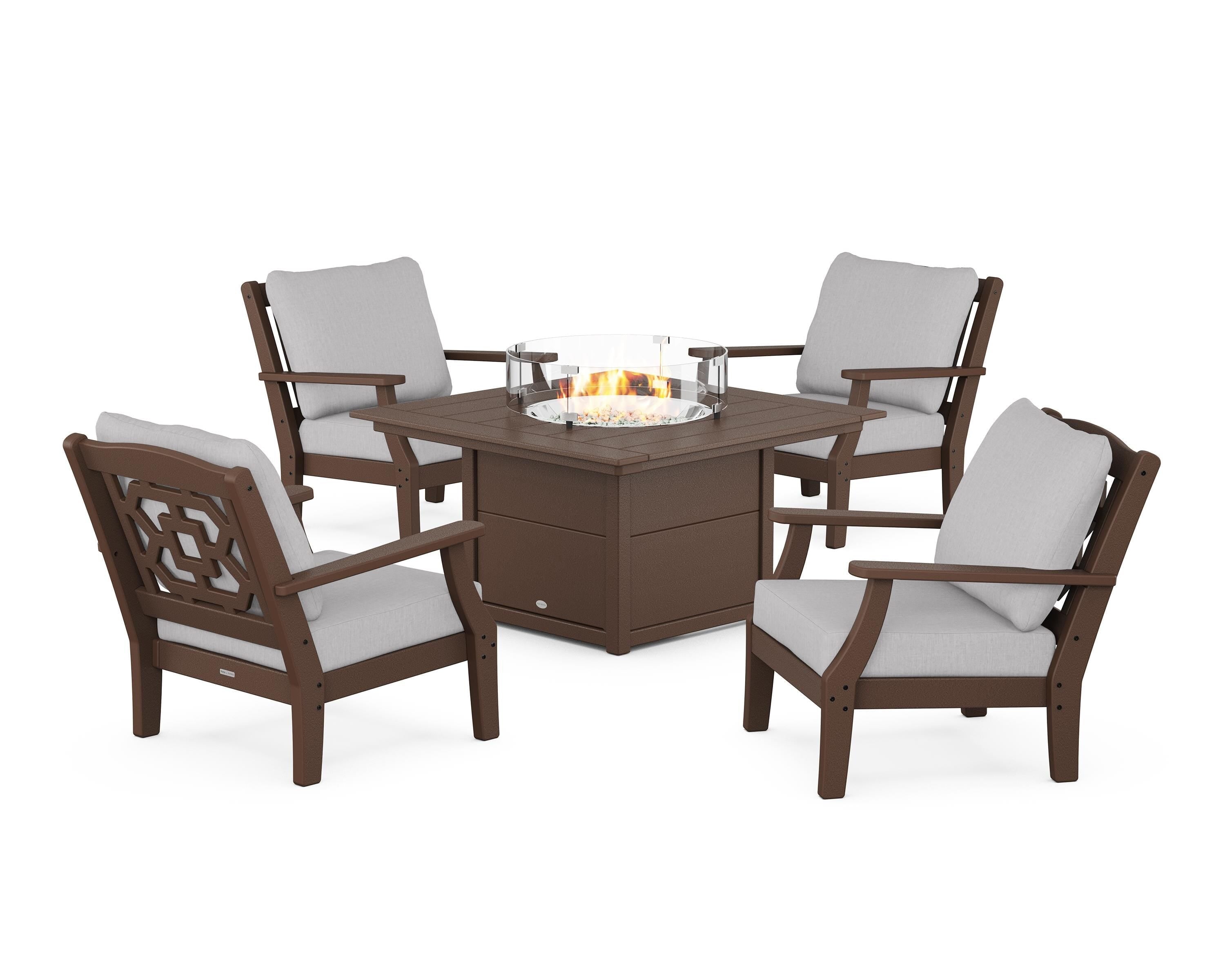 Martha Stewart by POLYWOOD® Chinoiserie 5-Piece Deep Seating Set with Fire Pit Table in Mahogany / Granite