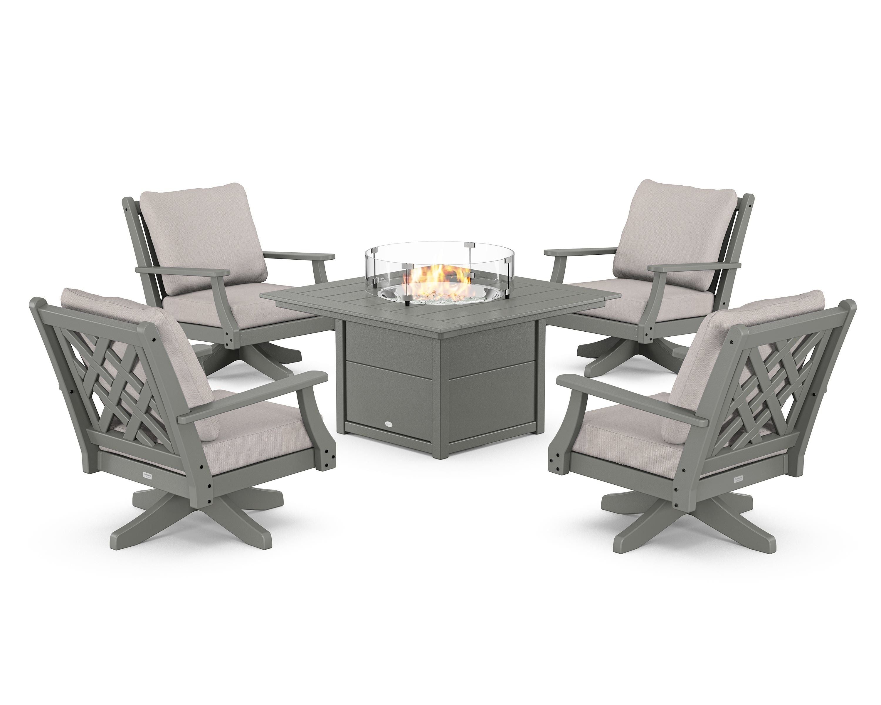 Country Living Wovendale 5-Piece Deep Seating Swivel Conversation Set with Fire Pit Table in Slate Grey / Dune Burlap