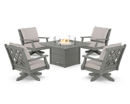 Country Living Wovendale 5-Piece Deep Seating Swivel Conversation Set with Fire Pit Table in Slate Grey / Dune Burlap