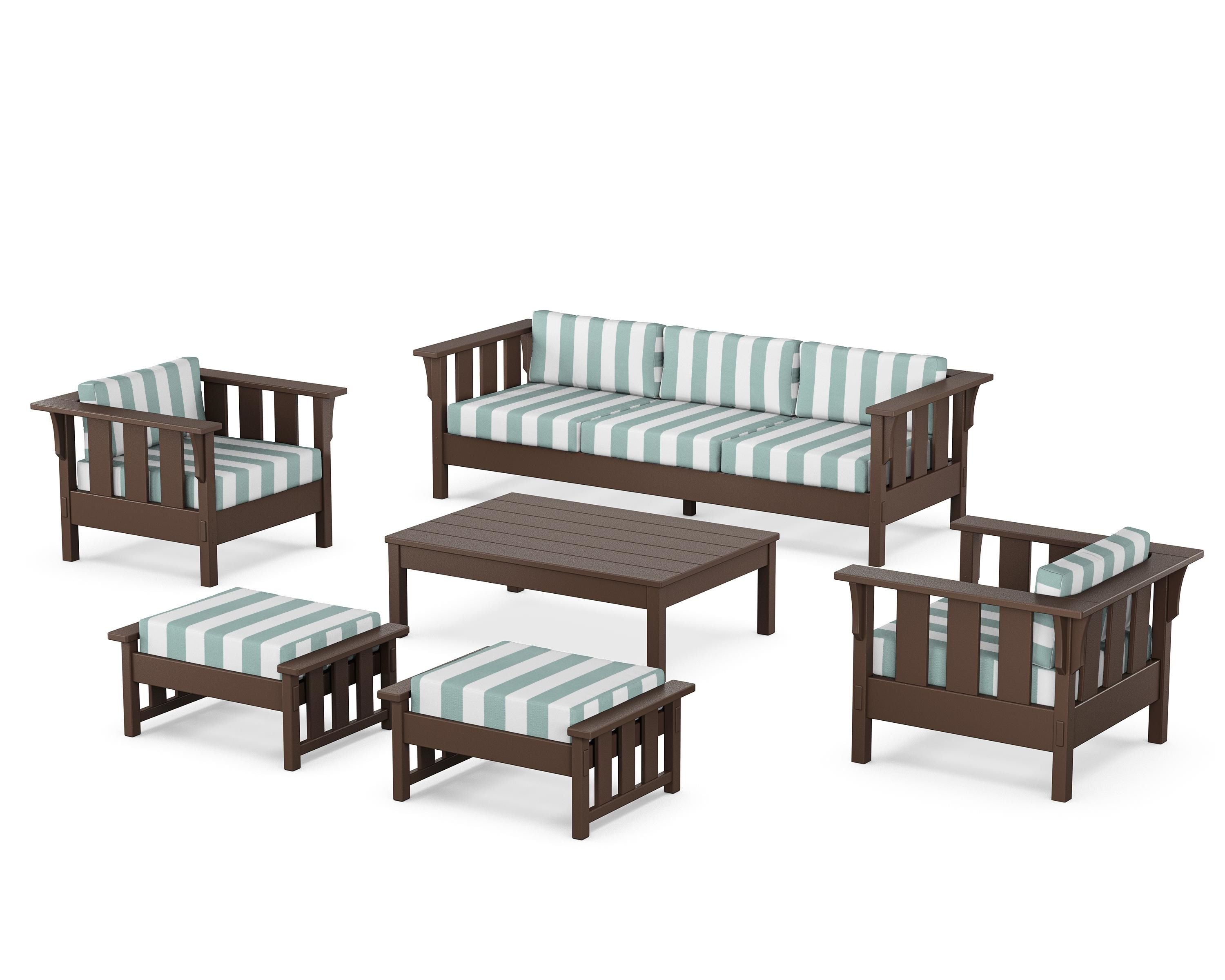 Martha Stewart by POLYWOOD® Acadia 6-Piece Lounge Sofa Set in Mahogany / Cabana Stripe Glacier Spa