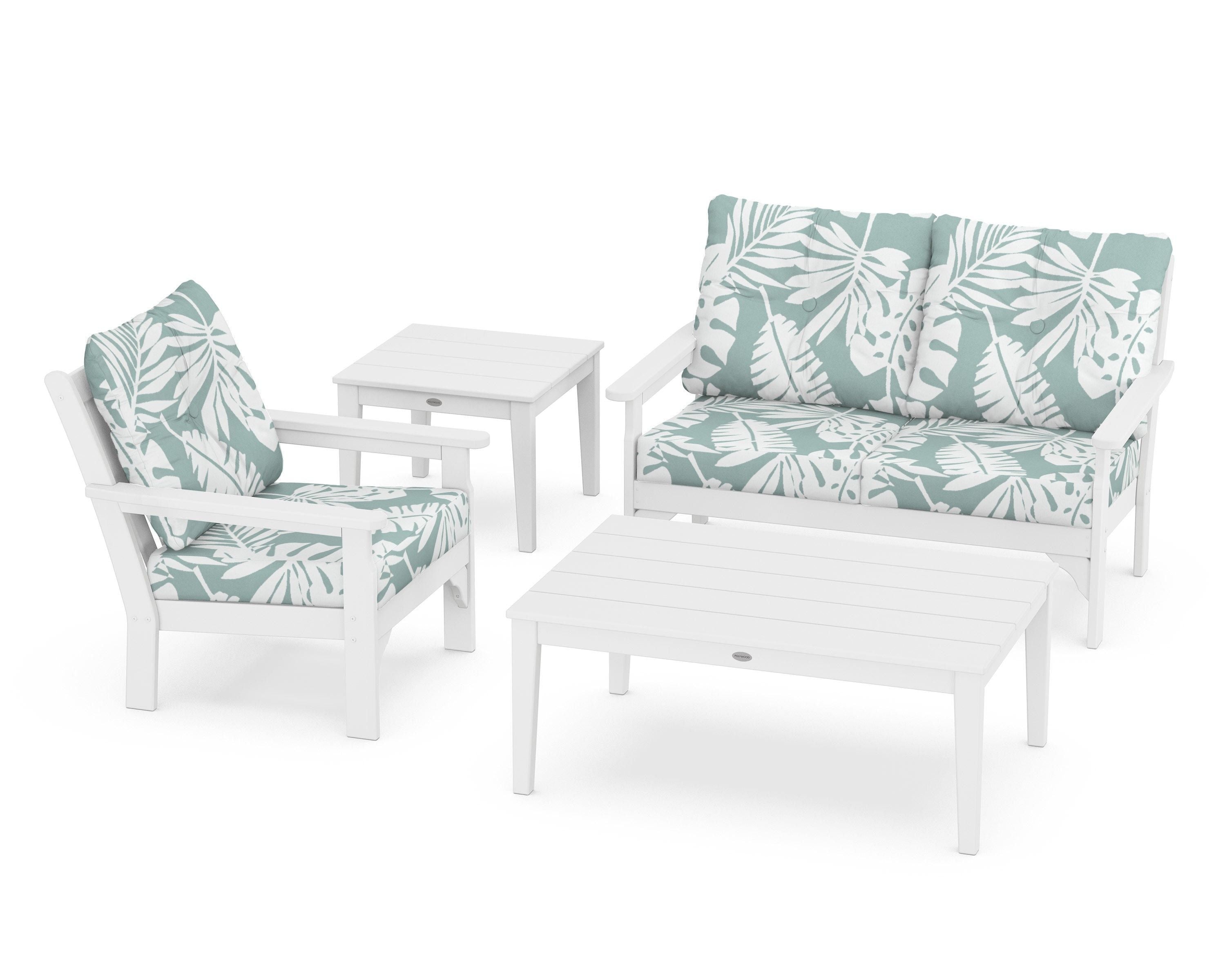 POLYWOOD® Vineyard 4-Piece Deep Seating Set in White / Leaf Glacier Spa