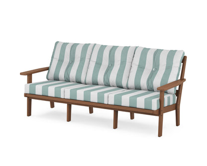 POLYWOOD® Oxford Deep Seating Sofa in Teak / Cabana Stripe Glacier Spa