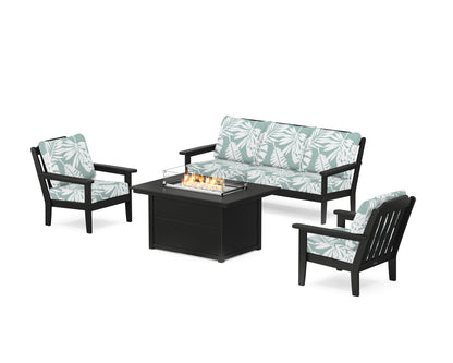 Country Living Cottage Deep Seating Fire Pit Table Set in Black / Leaf Glacier Spa