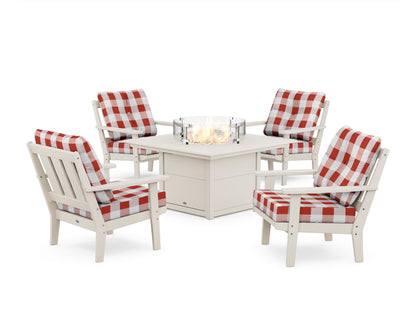 POLYWOOD® Oxford 5-Piece Deep Seating Set with Fire Pit Table in Sand / Buffalo Plaid Crimson