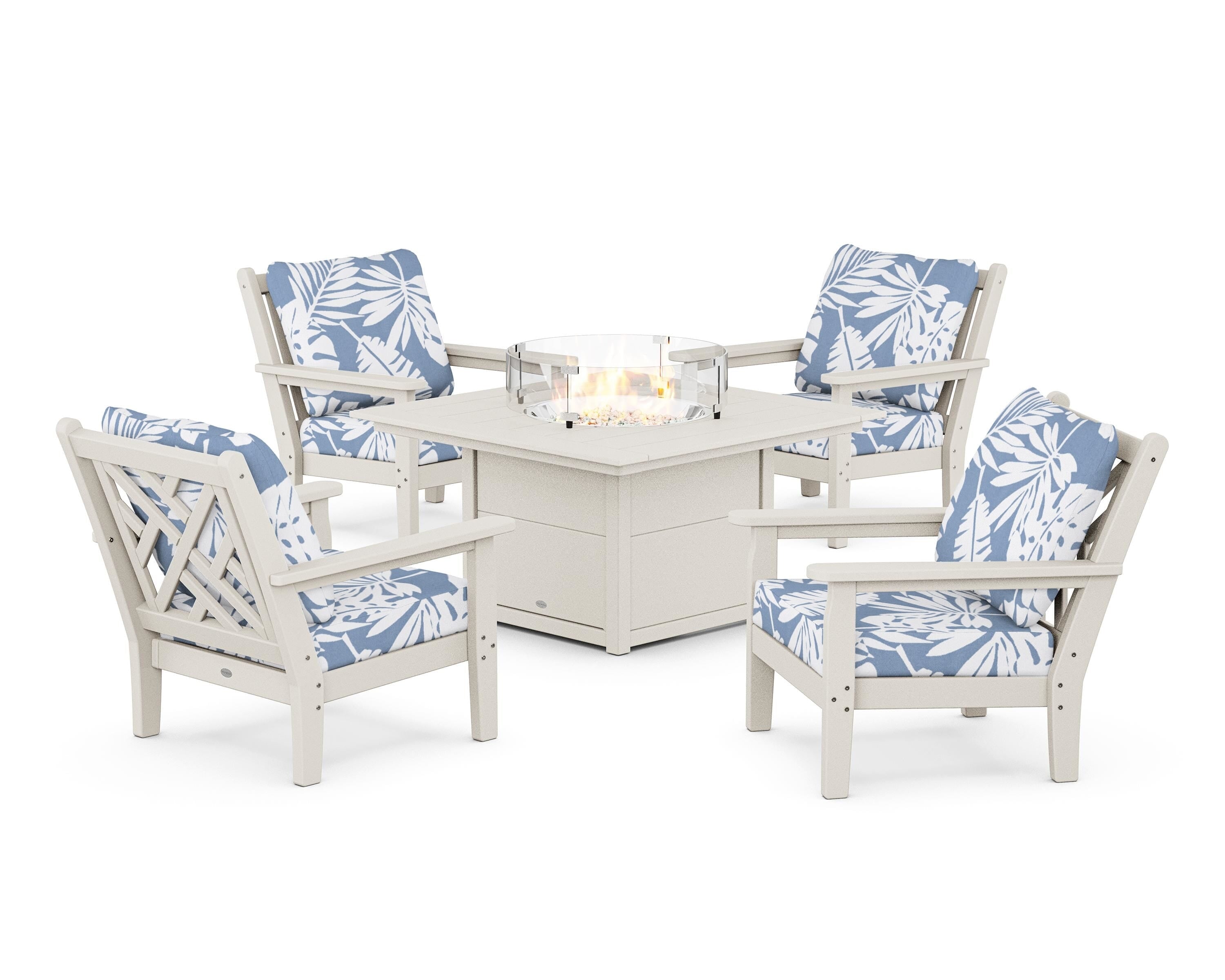 POLYWOOD® Chippendale 5-Piece Deep Seating Set with Fire Pit Table in Sand / Leaf Sky Blue