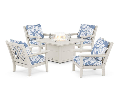POLYWOOD® Chippendale 5-Piece Deep Seating Set with Fire Pit Table in Sand / Leaf Sky Blue