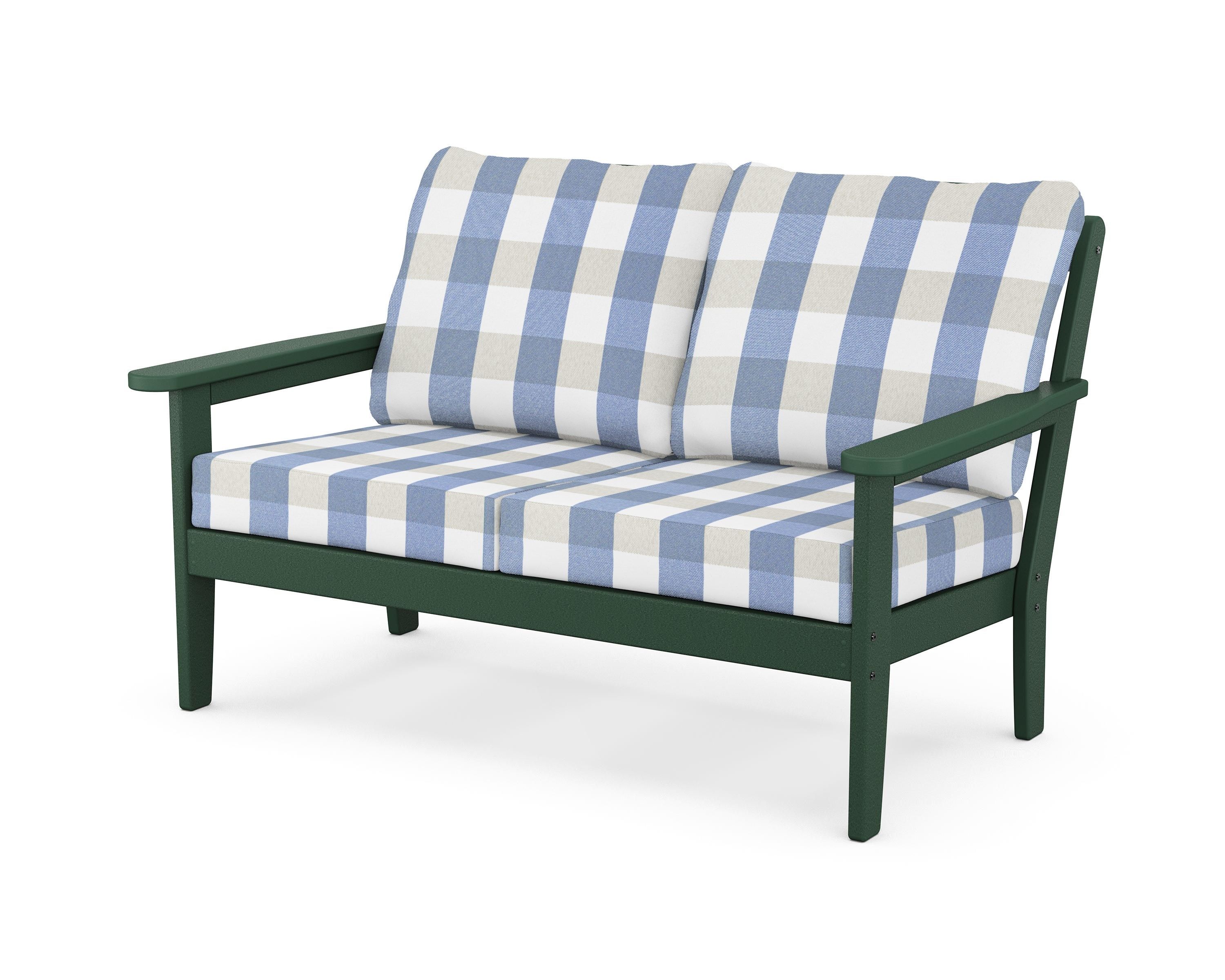 Country Living Cottage Deep Seating Loveseat in Green / Buffalo Plaid Sky Blue