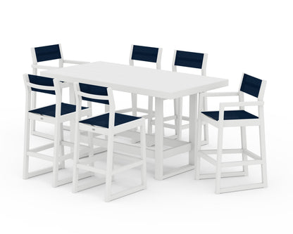 POLYWOOD® EDGE Sling 7-Piece Bar Table Set in White / Navy Blue Sling