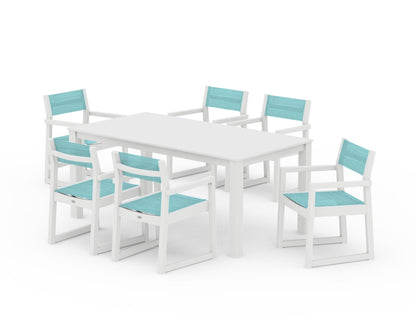POLYWOOD® EDGE Sling Arm Chair 7-Piece Parsons Dining Set in White / Dupioni Aquamarine Sling