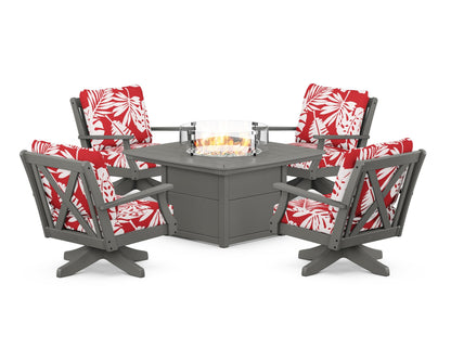 POLYWOOD® Braxton 5-Piece Deep Seating Swivel Conversation Set with Fire Pit Table in Slate Grey / Leaf Crimson