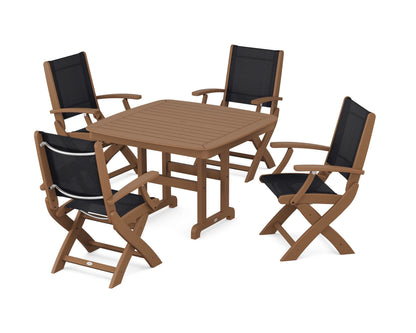 POLYWOOD® Coastal Folding Chair 5-Piece Dining Set in Teak / Black Sling