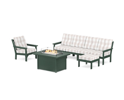 POLYWOOD® Vineyard Sectional Lounge and Fire Pit Set in Green / Buffalo Plaid Dune Burlap
