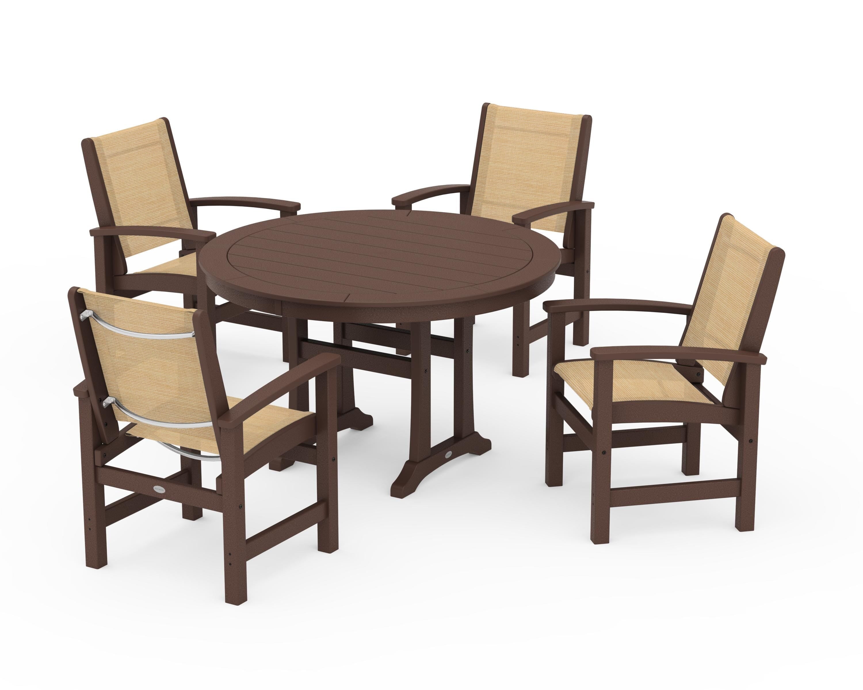 POLYWOOD® Coastal 5-Piece Round Dining Set with Trestle Legs in Mahogany / Dupioni Apricot Sling