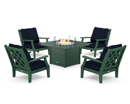 Country Living Wovendale 5-Piece Deep Seating Set with Fire Pit Table in Green / Marine Indigo