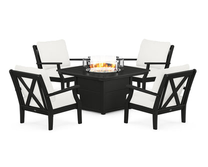POLYWOOD® Braxton 5-Piece Deep Seating Conversation Set with Fire Pit Table in Black / Natural Linen