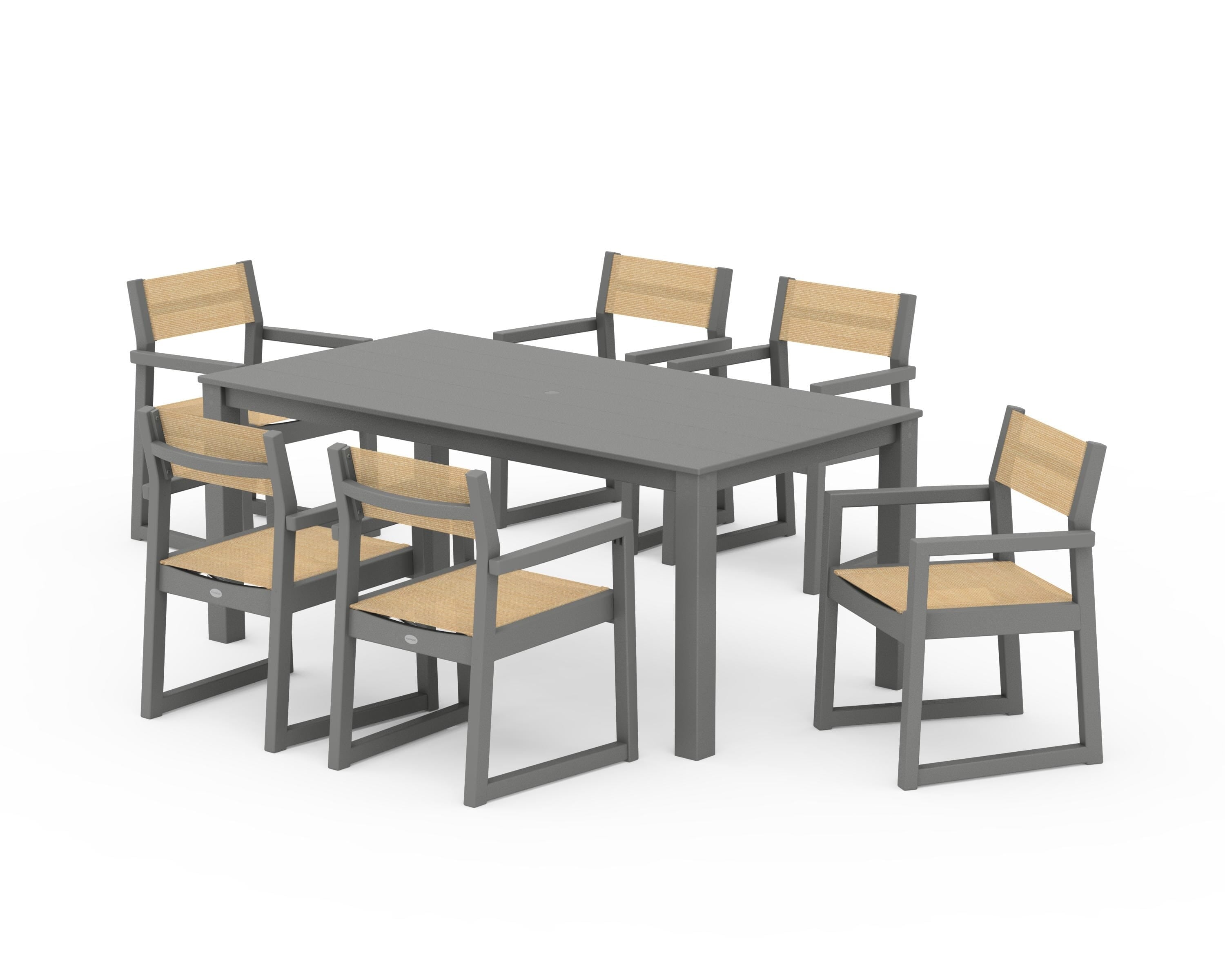 POLYWOOD® EDGE Sling Arm Chair 7-Piece Parsons Dining Set in Slate Grey / Dupioni Apricot Sling