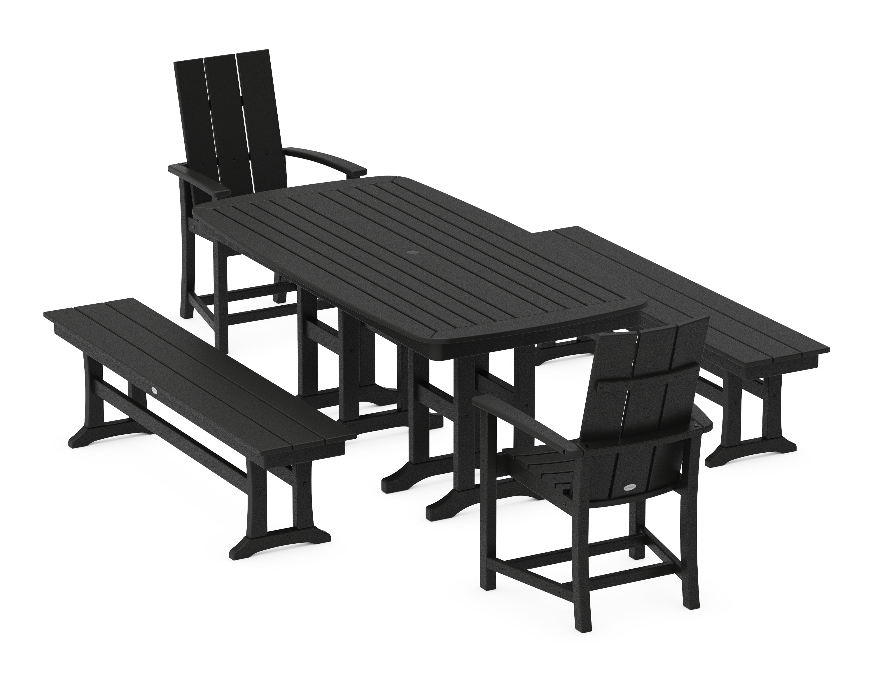 POLYWOOD® Modern Adirondack 5-Piece Farmhouse Dining Set with Benches in Black
