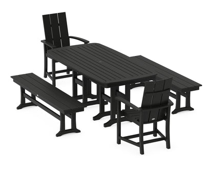 POLYWOOD® Modern Adirondack 5-Piece Farmhouse Dining Set with Benches in Black