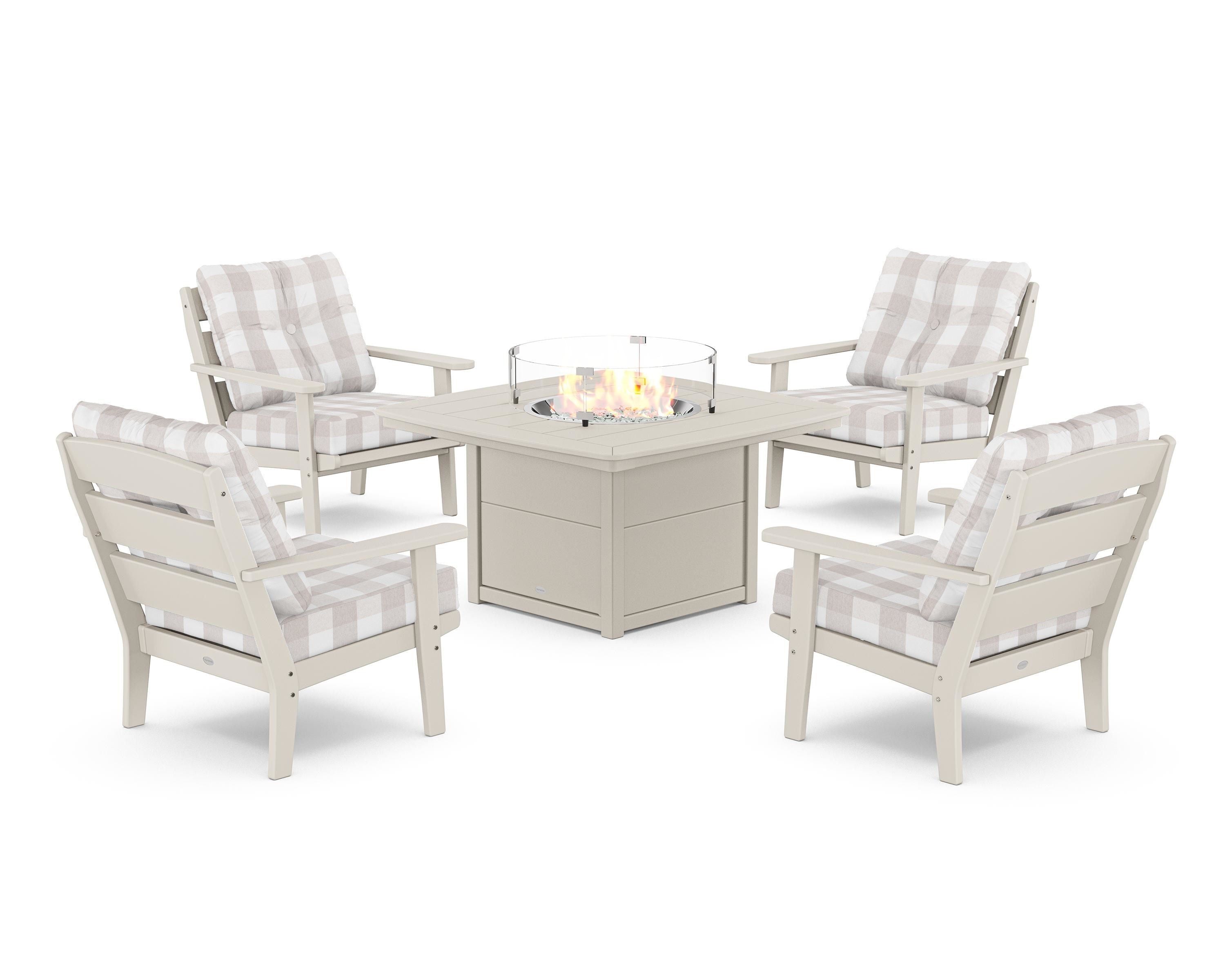 POLYWOOD® Lakeside 5-Piece Deep Seating Set with Nautical Fire Pit Table in Sand / Buffalo Plaid Dune Burlap