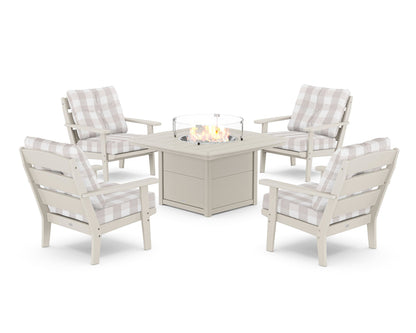 POLYWOOD® Lakeside 5-Piece Deep Seating Set with Nautical Fire Pit Table in Sand / Buffalo Plaid Dune Burlap