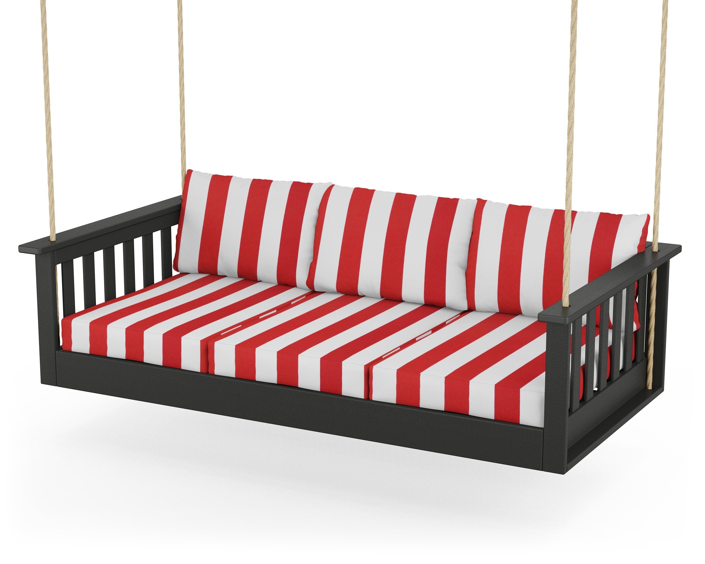 POLYWOOD® Vineyard Daybed Swing in Black / Cabana Stripe Crimson