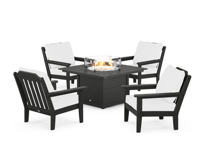 Country Living Cottage 5-Piece Deep Seating Set with Fire Pit Table in Black / Natural