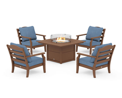 Draper James™ by  POLYWOOD® Savannah 5-Piece Deep Seating Set with Fire Pit Table in Teak / Sky Blue
