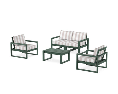 POLYWOOD® EDGE Sectional 4-Piece Deep Seating Set with Loveseat in Green / Cabana Stripe Dune Burlap