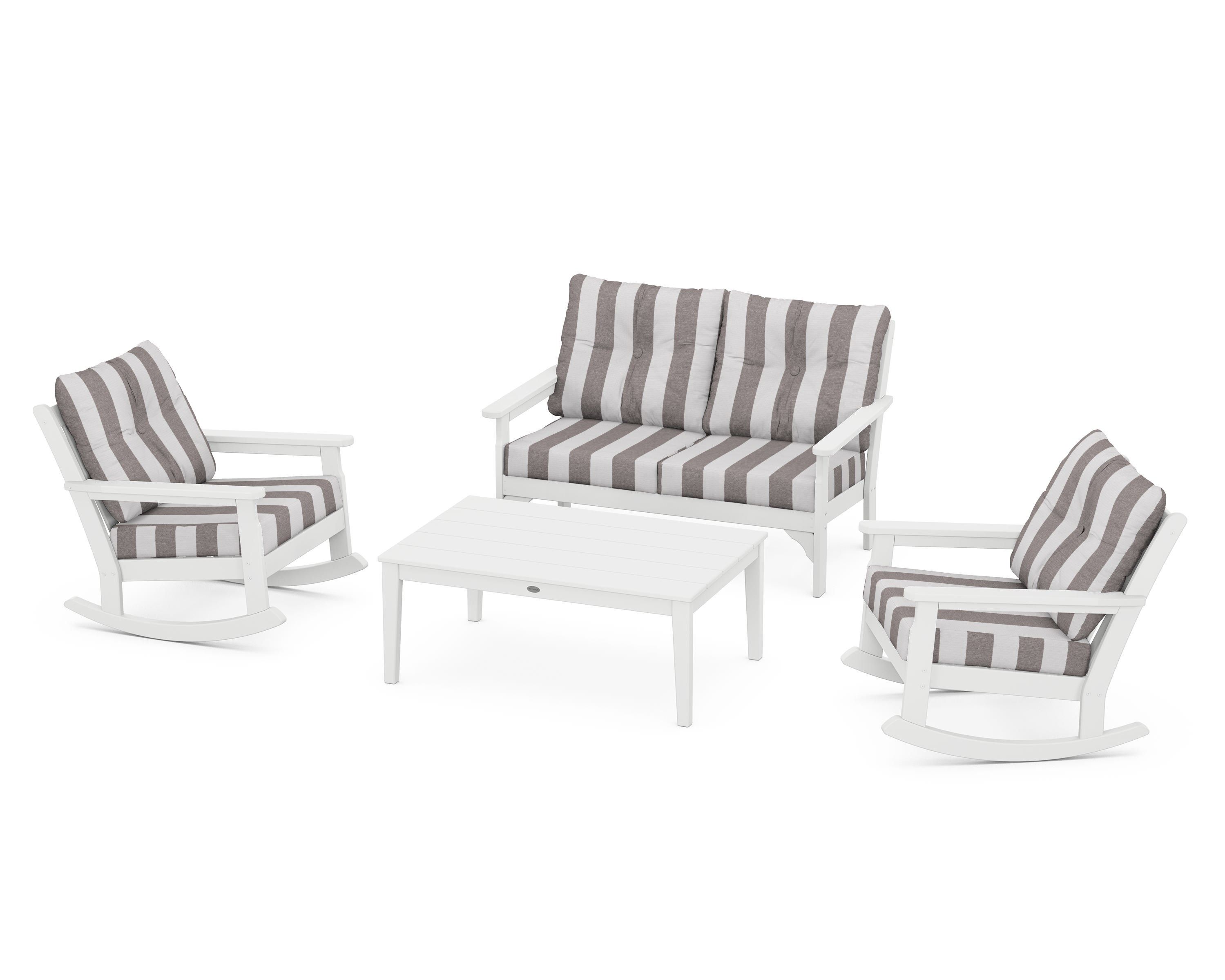 POLYWOOD® Vineyard 4-Piece Deep Seating Rocking Chair Set in White / Cabana Stripe Grey Mist