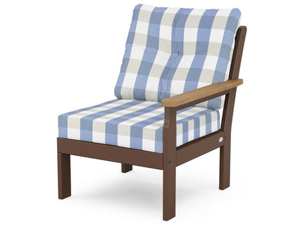 POLYWOOD® Vineyard Modular Right Arm Chair in Mahogany / Natural / Buffalo Plaid Sky Blue