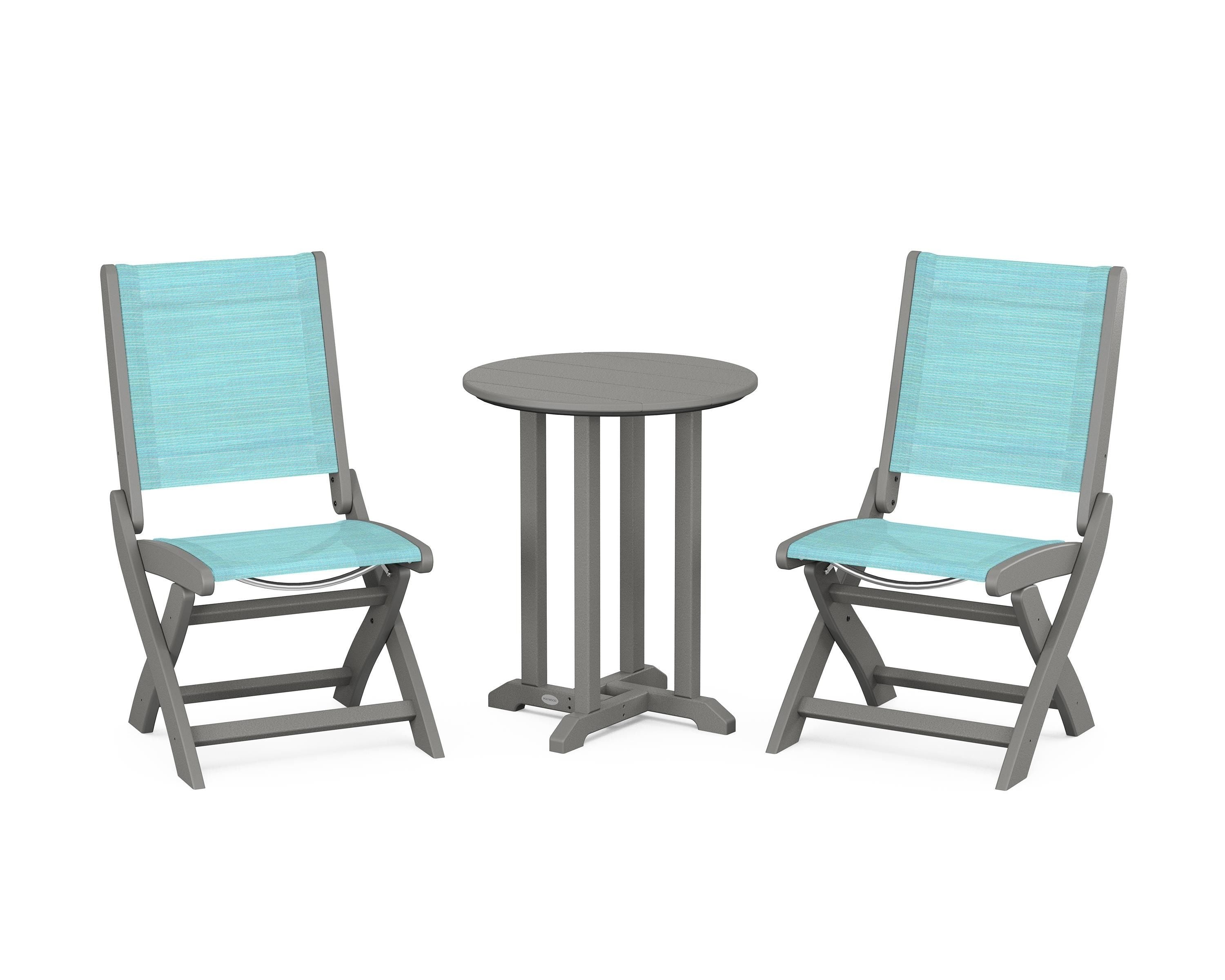 POLYWOOD® Coastal Folding Side Chair 3-Piece Round Bistro Dining Set in Slate Grey / Dupioni Aquamarine Sling
