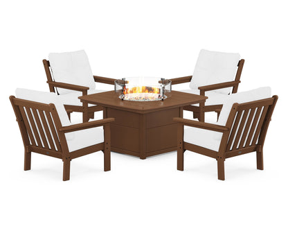 POLYWOOD® Vineyard 5-Piece Conversation Set with Fire Pit Table in Teak / Natural